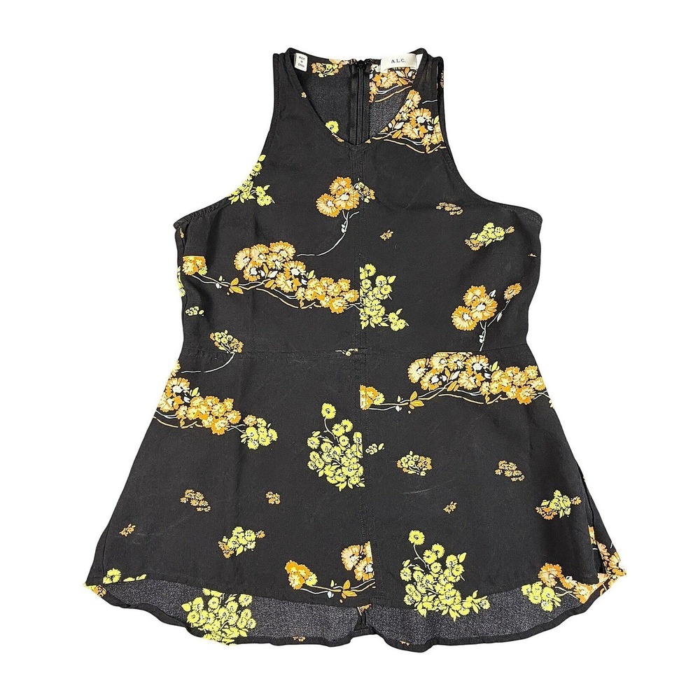ALC Silk Dark‎ Floral Peplum Size 0 V Neck Hi Low Sleeveless Blouse Top Black